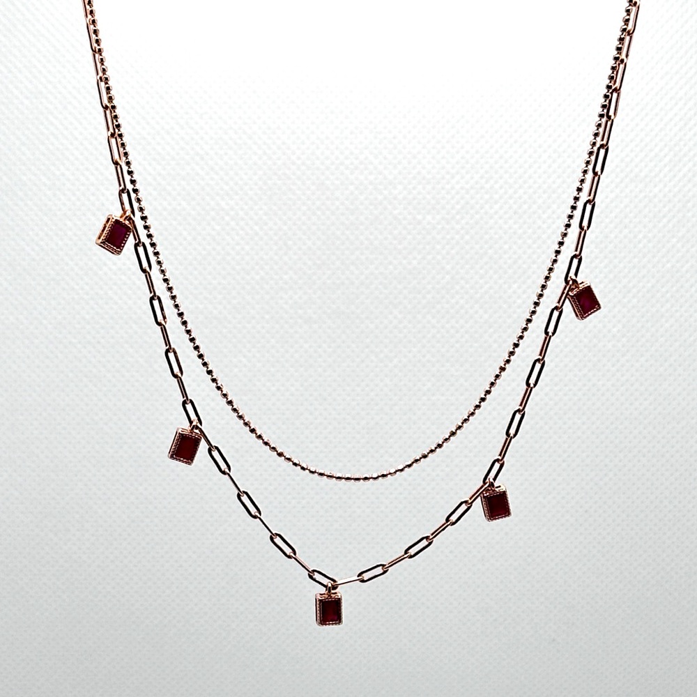Natural ruby stacked necklace paperclip 18k over sterling silver